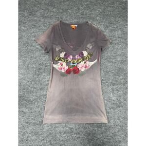 Christian Audigier Paco Chicano Women’s T-Shirt Sz L V-Neck Crown Roses Dove‎